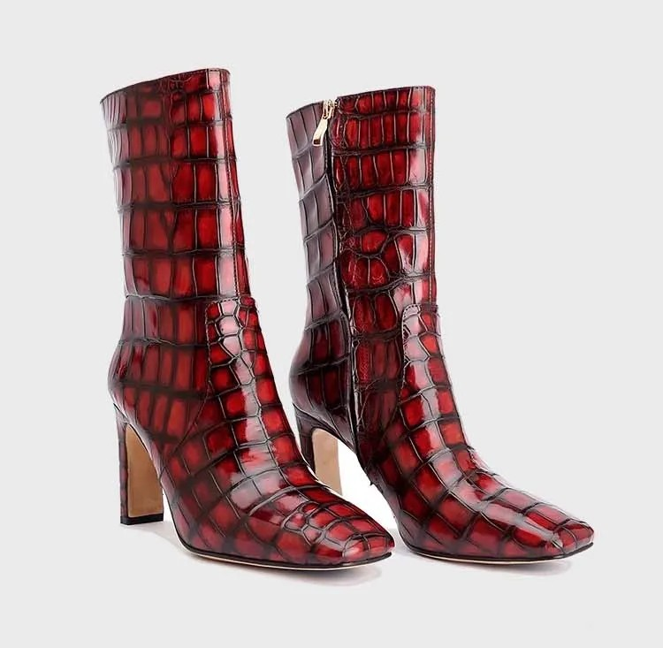 Red Alligator Leather Mid-Calf Boots