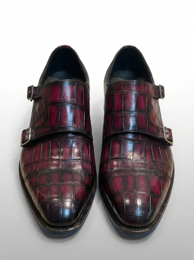Burgundy Alligator Skin Double Monk Strap Shoes