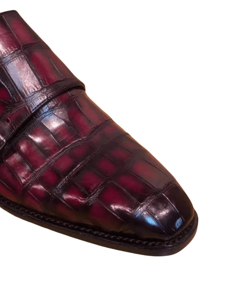 Burgundy Crocodile Skin Double Monk Strap Shoes-alt3