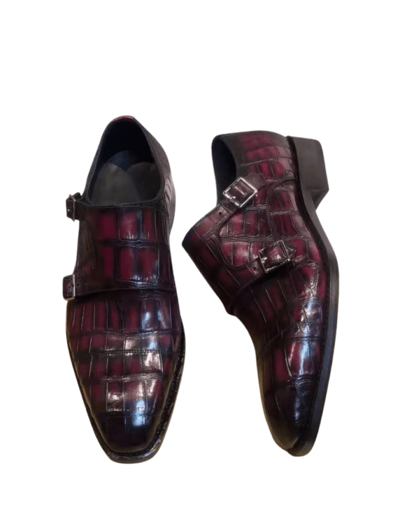 Burgundy Crocodile Skin Double Monk Strap Shoes-alt7