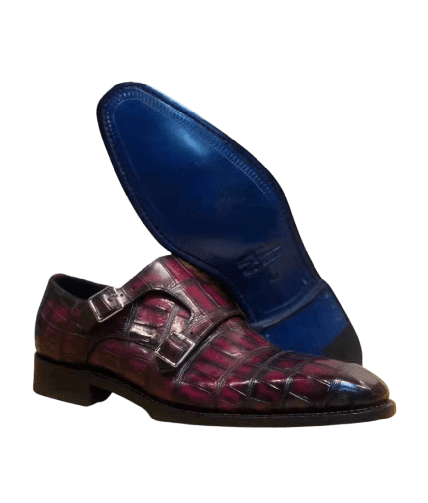 Burgundy Crocodile Skin Double Monk Strap Shoes-alt4