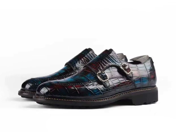 Brushed Crocodile Skin Double Monk Strap Shoes