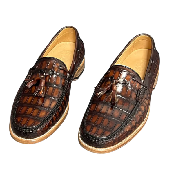 handpainted crocodile skin loafes with tassels