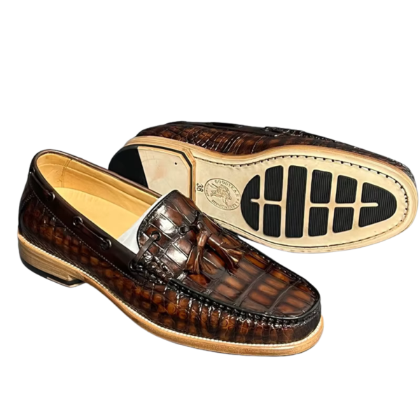 handpainted crocodile skin loafes with tassels