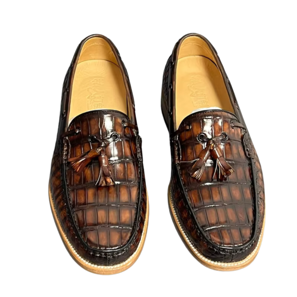 handpainted crocodile skin loafes with tassels