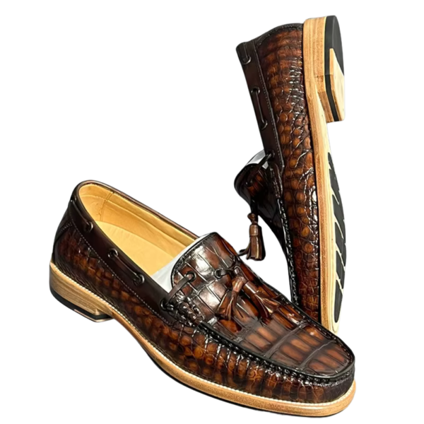 handpainted crocodile skin loafes with tassels