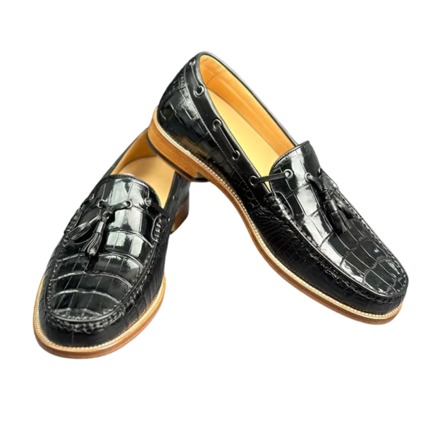 handpainted crocodile skin loafes with tassels