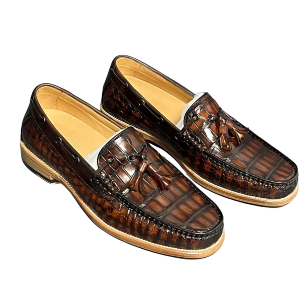 handpainted crocodile skin loafes with tassels