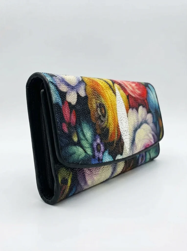 Hand-Painted Floral Stingray Leather Wallet