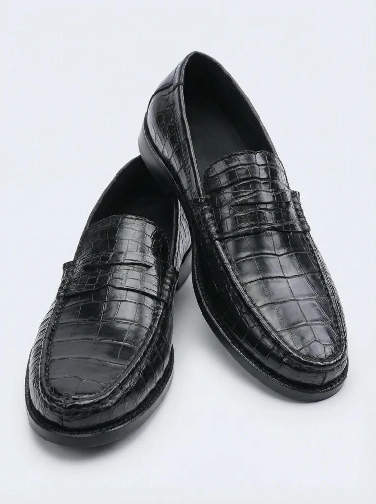 Black Crocodile Penny Loafers