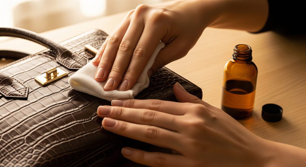 Our Story 3 applying leather conditioner to a crocodile handbag