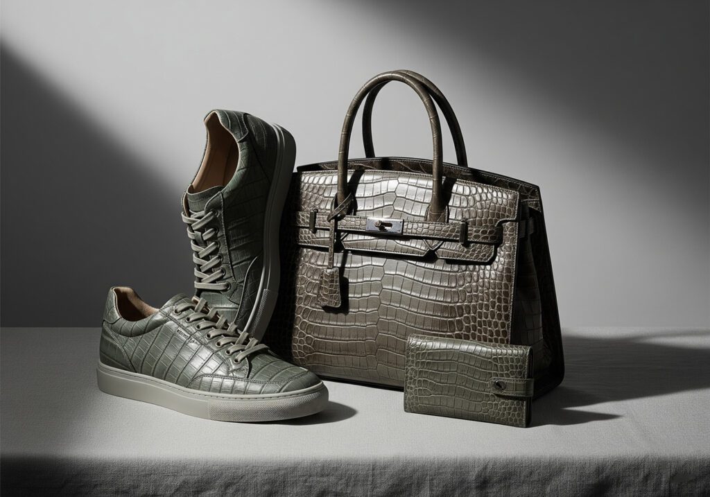 Our Story 2 crocodile leather bag, alligator sneakers, and a slim wallet