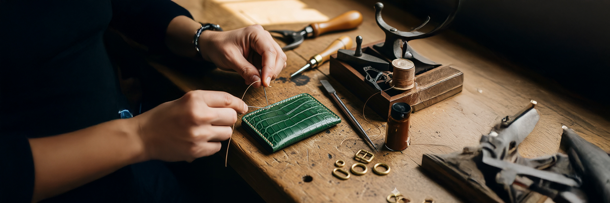 Our Story 1 Artisan hand-stitching a crocodile-leather wallet on a Tuscan workbench.