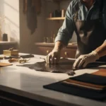 Artisan crafting farmed exotic skins luxury bag at Giuseppe Lombardi atelier.