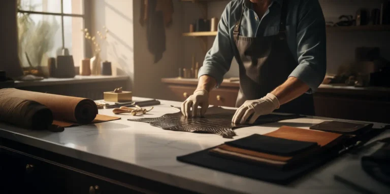 Artisan crafting farmed exotic skins luxury bag at Giuseppe Lombardi atelier.