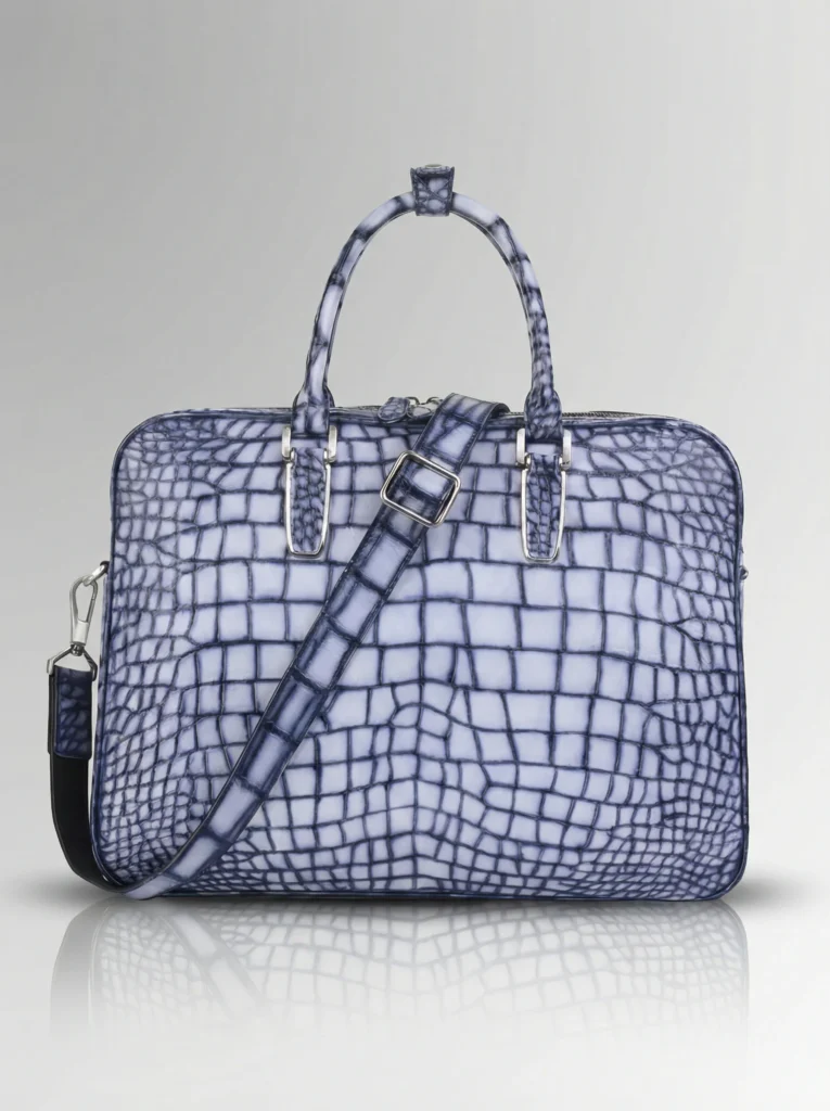 Luxury hand-paintd Alligator Arctic Blue Briefcase