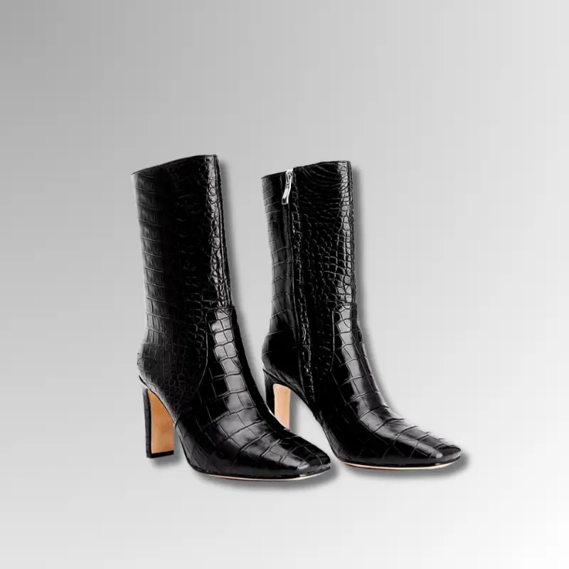 Black Crocodile Belly Skin Mid-Calf Boots