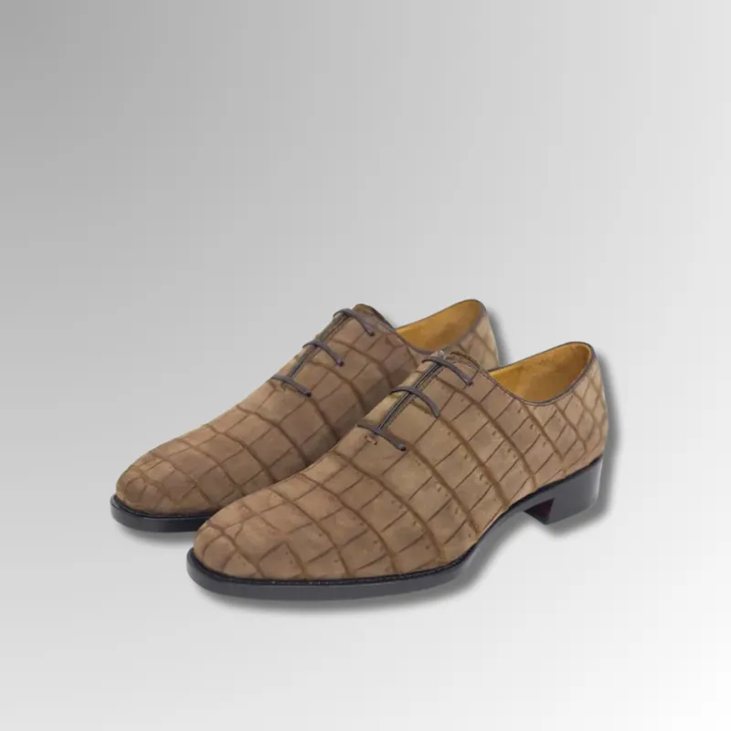 Brown Crocodile Skin Suede Oxford Shoes