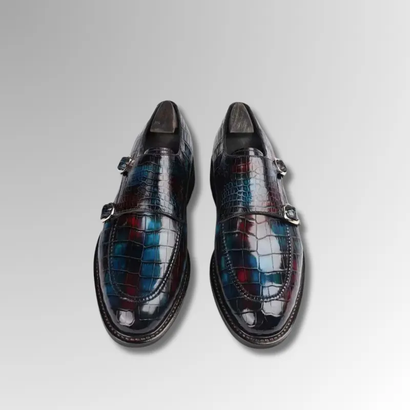 Brushed Crocodile Skin Double Monk Strap Shoes