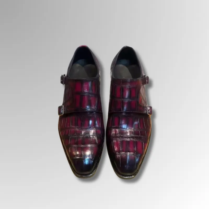 Burgundy Crocodile Skin Double Monk Strap Shoes