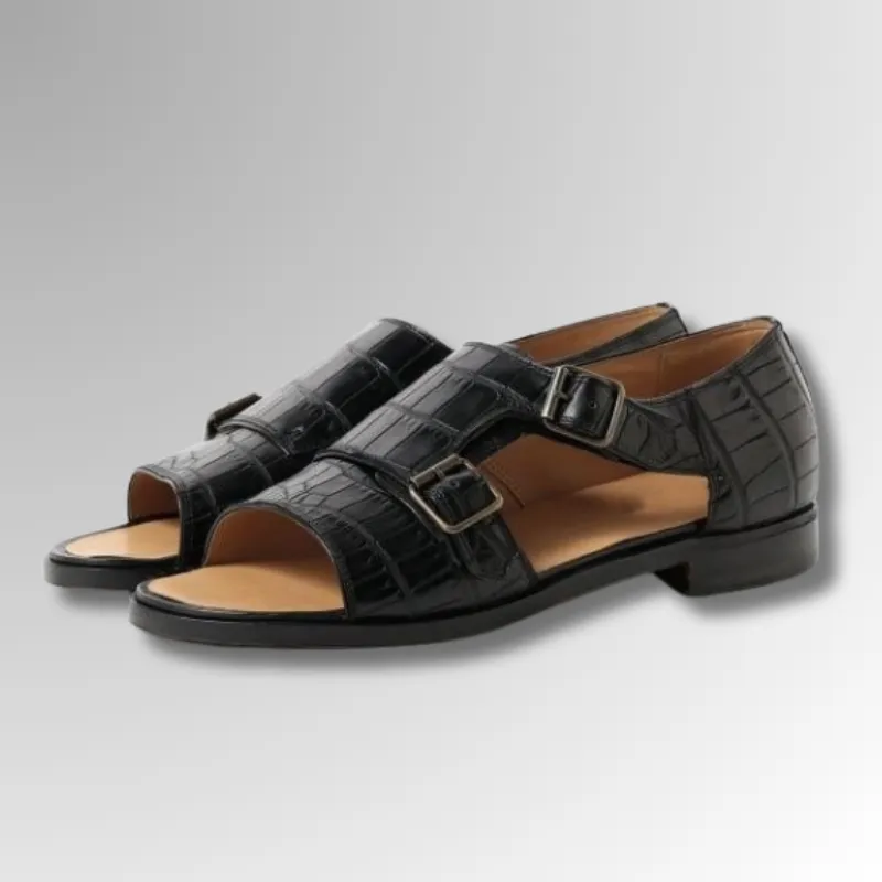 Crocodile Leather Double Monk Sandals