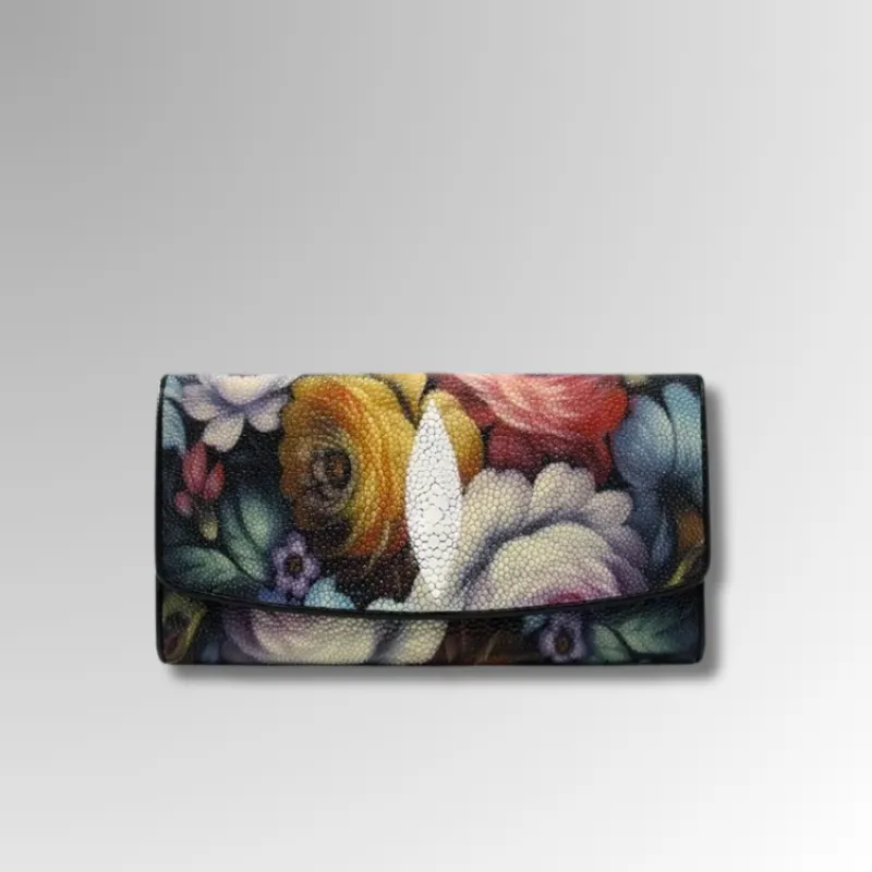 Hand-Painted Floral Stingray Leather Wallet