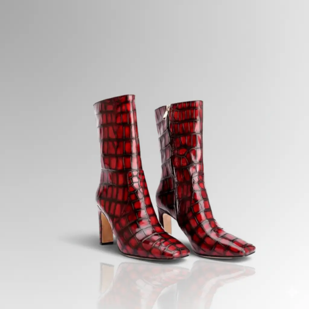 Red Crocodile Skin Mid-Calf Boots
