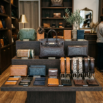 Display of luxury leather handbags, wallets, belts on dark wooden stand