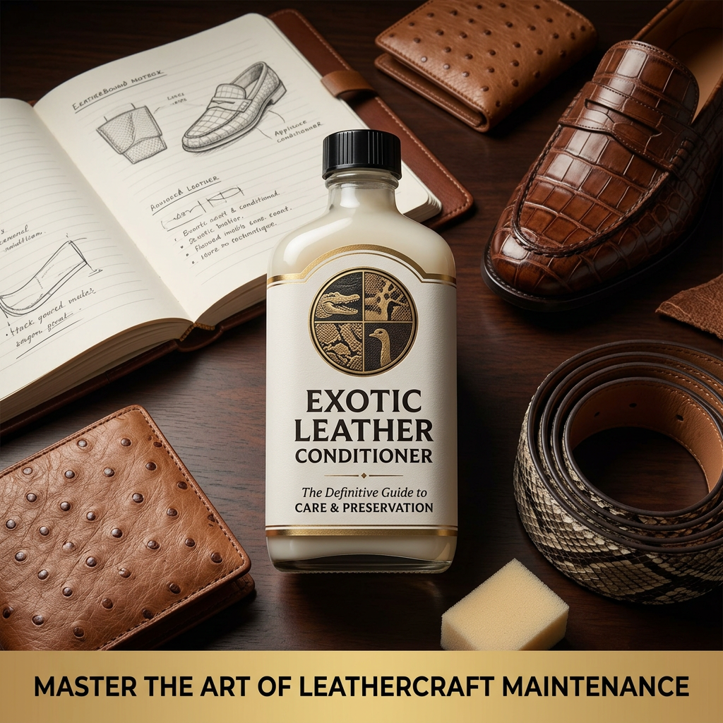 Bottle of Exotic Leather Conditioner among leather wallet, shoe, belt, and a notebook with leather shoe sketches