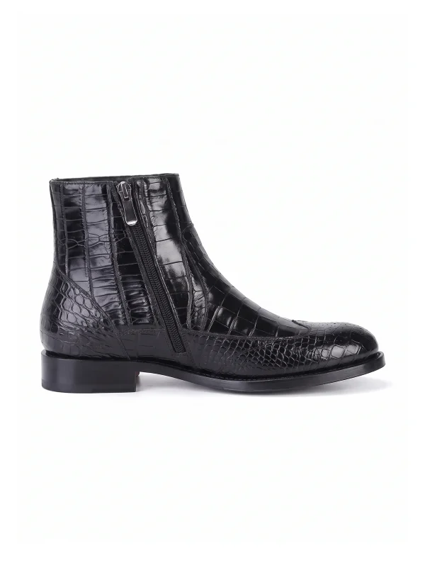 Black Althorpe Crocodile Ankle Boots, side profile