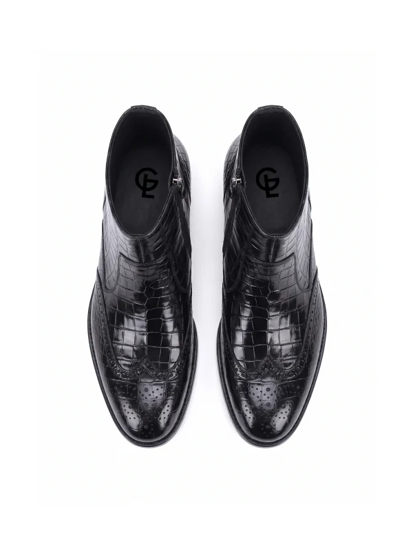 Black Althorpe Crocodile Ankle Boots, top view