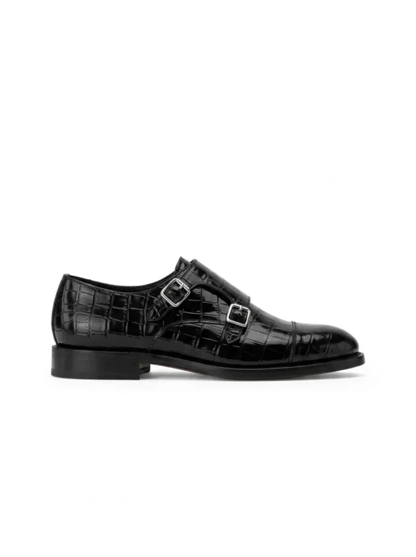 Black Aristano Alligator Monk Strap Shoes, side profile