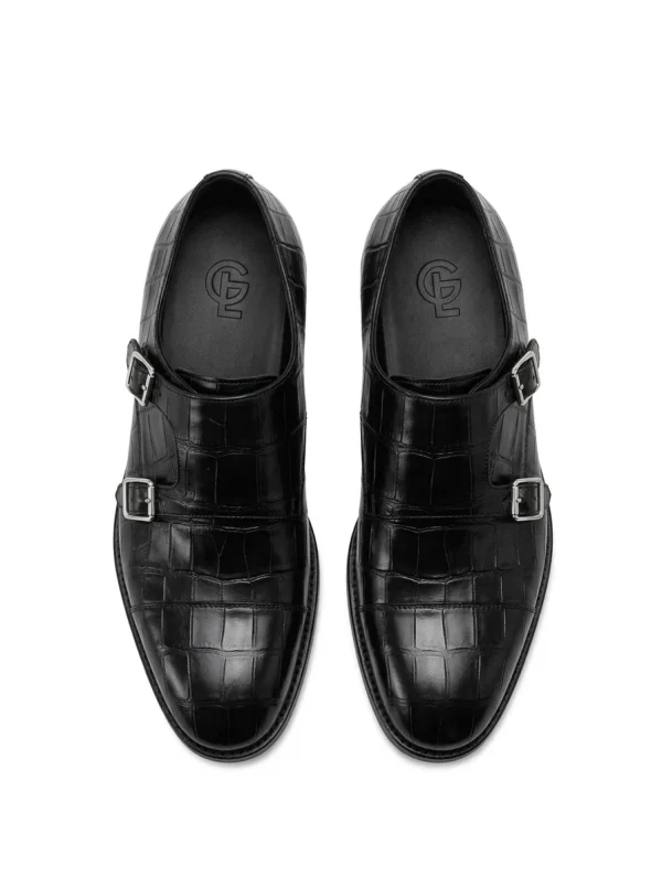 Black Aristano Alligator Monk Strap Shoes, top view