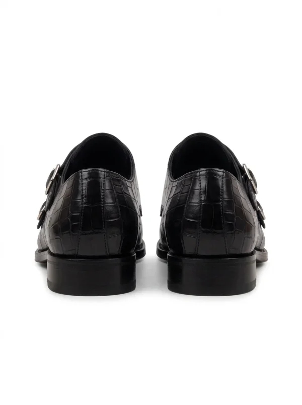 Black Aristano Alligator Monk Strap Shoes, rear view