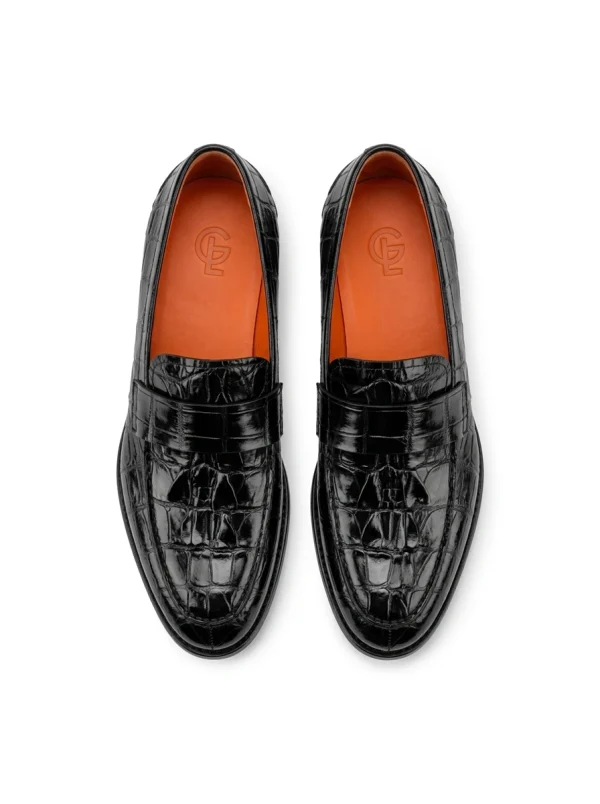 Black Aristano Crocodile Loafers, top view