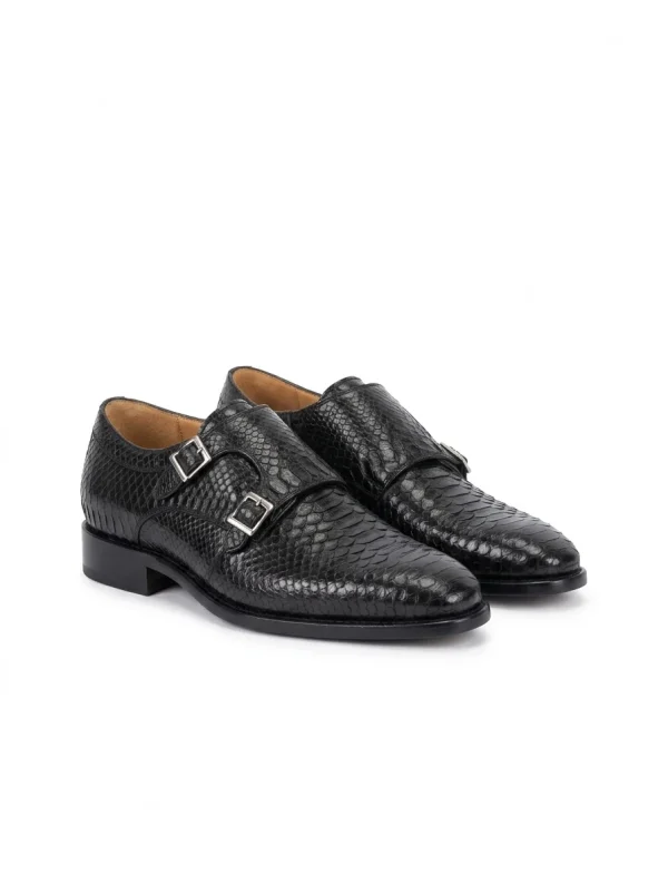 Black Aristano Python Monk Strap Shoes, three-quarter view