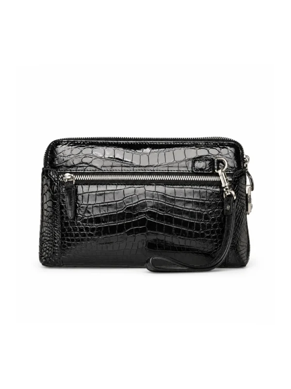 Black Bramshaw Crocodile Travel Clutch, open interior