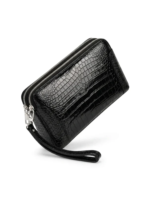 Black Bramshaw Crocodile Travel Clutch, three-quarter view