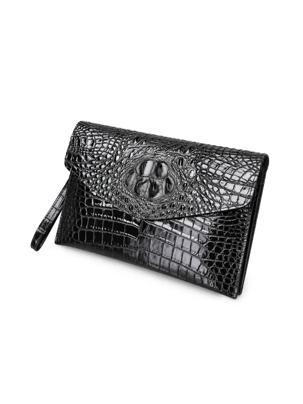 Black Brancaster Crocodile Envelope Clutch, skin detail