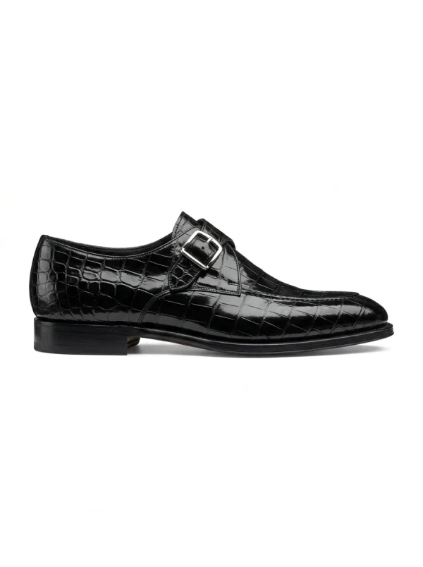 Black Carlisle Alligator Monk Strap Shoes, side profile