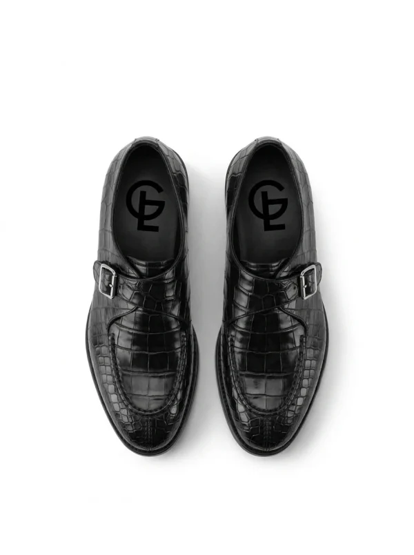Black Carlisle Alligator Monk Strap Shoes, top view
