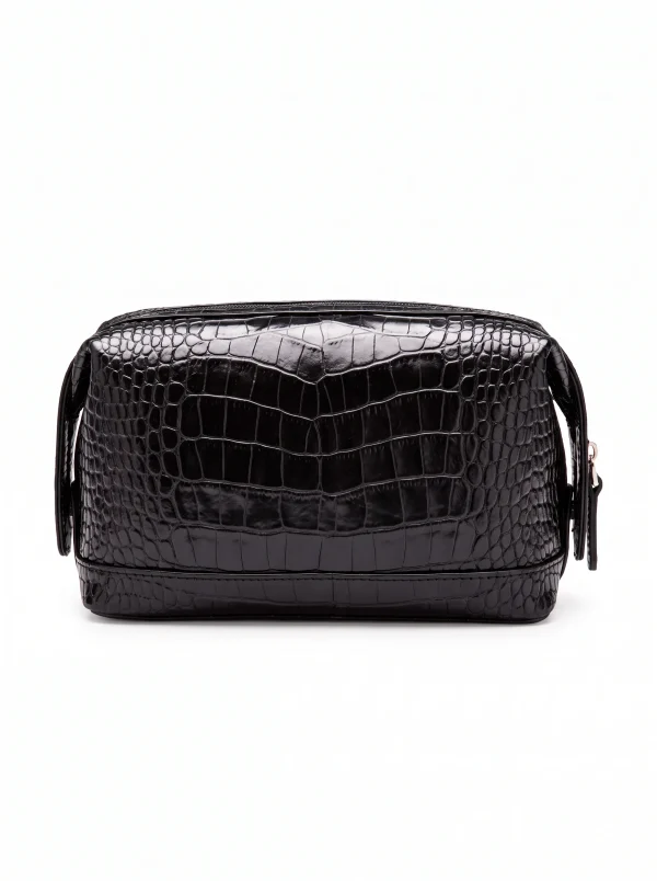 Black Castiglione Crocodile Toiletry Case, three-quarter view