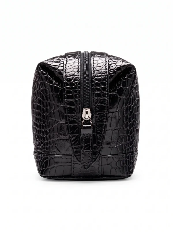 Black Castiglione Crocodile Toiletry Case, open interior