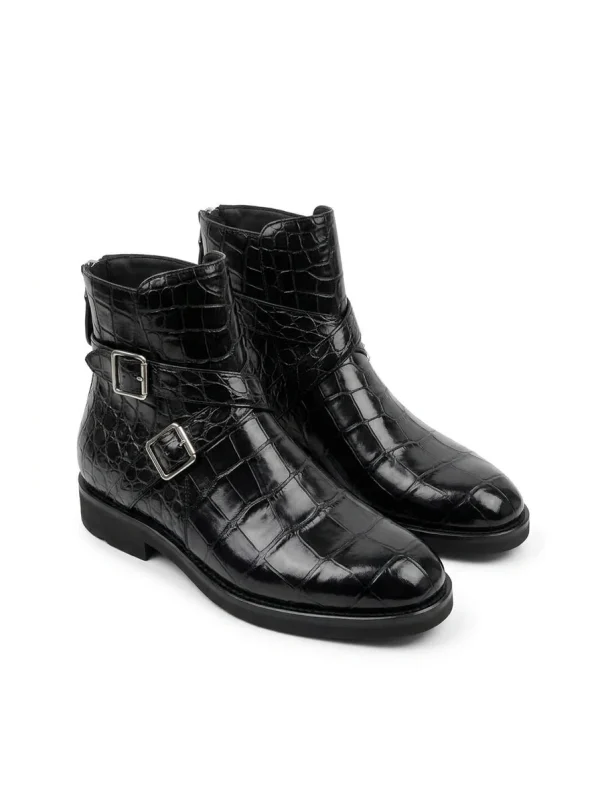 Black Clarendon Alligator Ankle Boots, three-quarter view