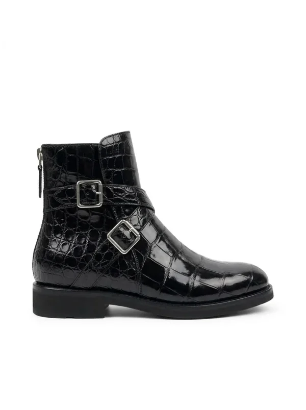 Black Clarendon Alligator Ankle Boots, side profile