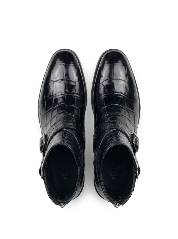 Black Clarendon Alligator Ankle Boots, top view