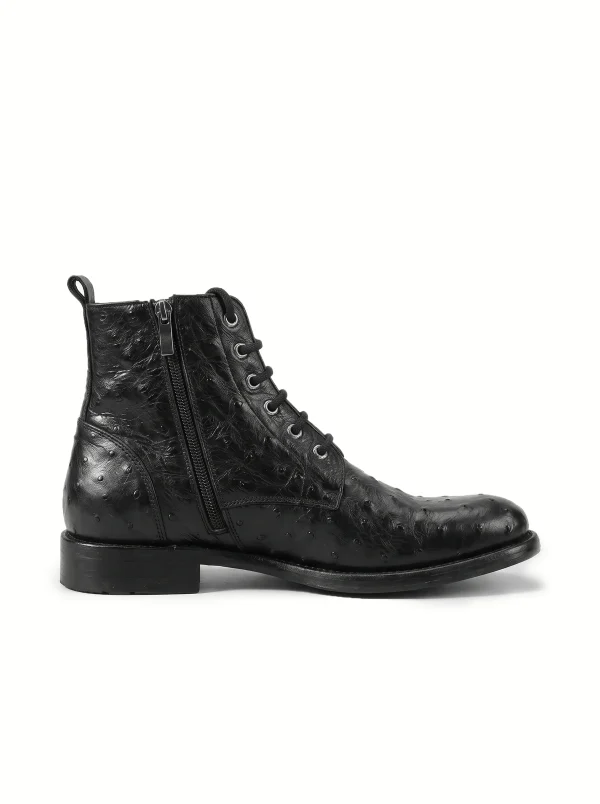 Black Cortona Ostrich Ankle Boots, side profile