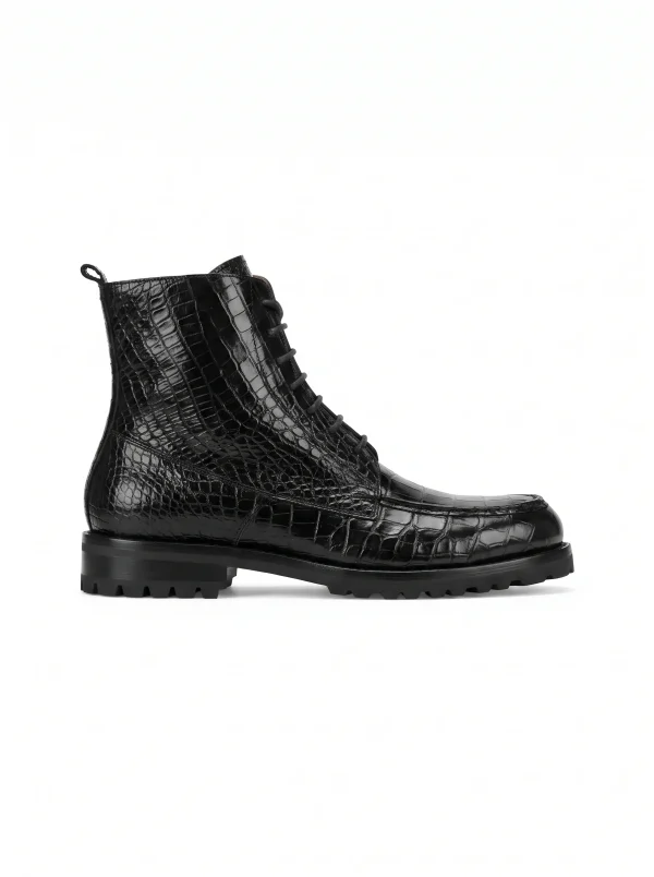 Black Ebury Alligator Combat Boots, side profile