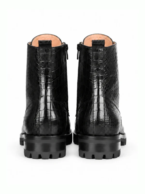 Black Ebury Alligator Combat Boots, rear view