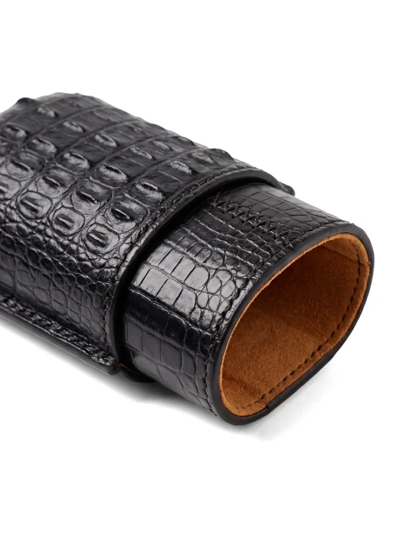 Black Gubbio Crocodile Glasses Case, open, lining visible